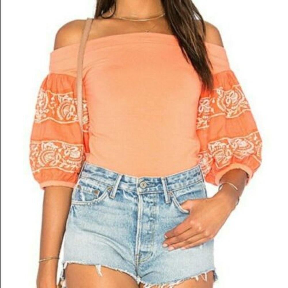 Free People Orange Rock‎ With It Embroidered Puff Sleeve Top